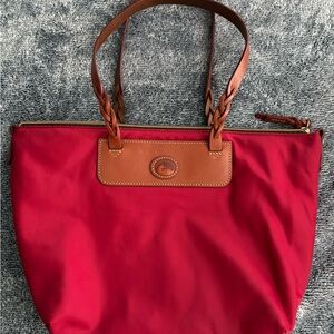 Red Tote Bag with Brown Accents